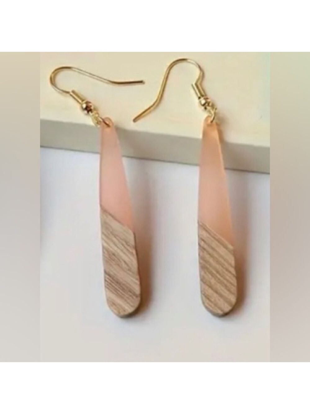 Wood blush pink resin two tone teardrop dangle earrings boho spring summer fall